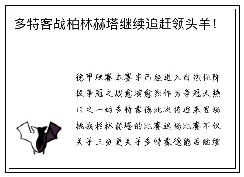 多特客战柏林赫塔继续追赶领头羊！