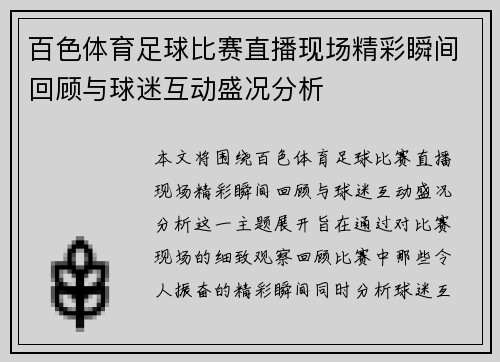 百色体育足球比赛直播现场精彩瞬间回顾与球迷互动盛况分析